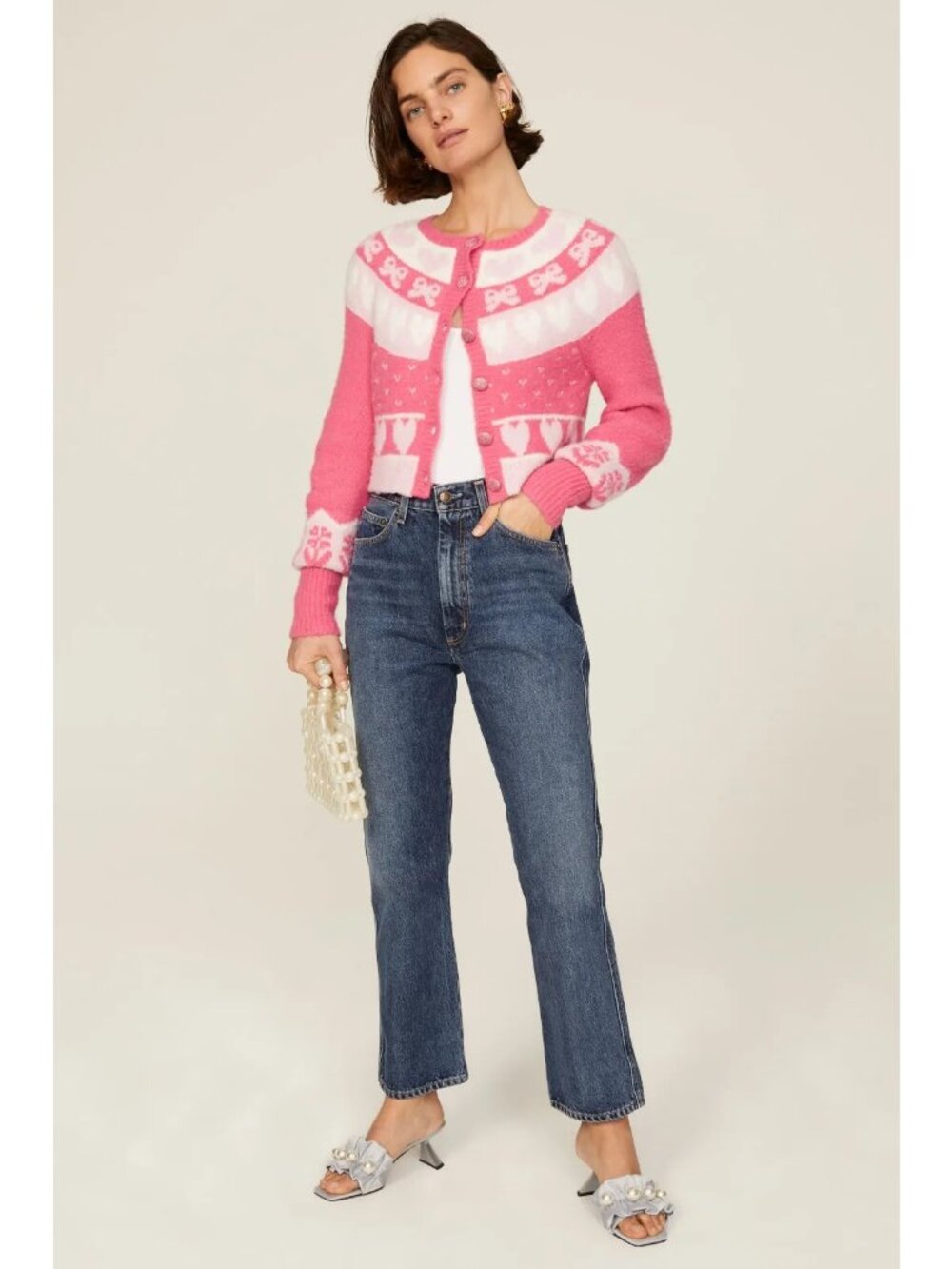 LoveShackFancy Pink and White Cropped Cardigan Sweater - Picture 2 of 7